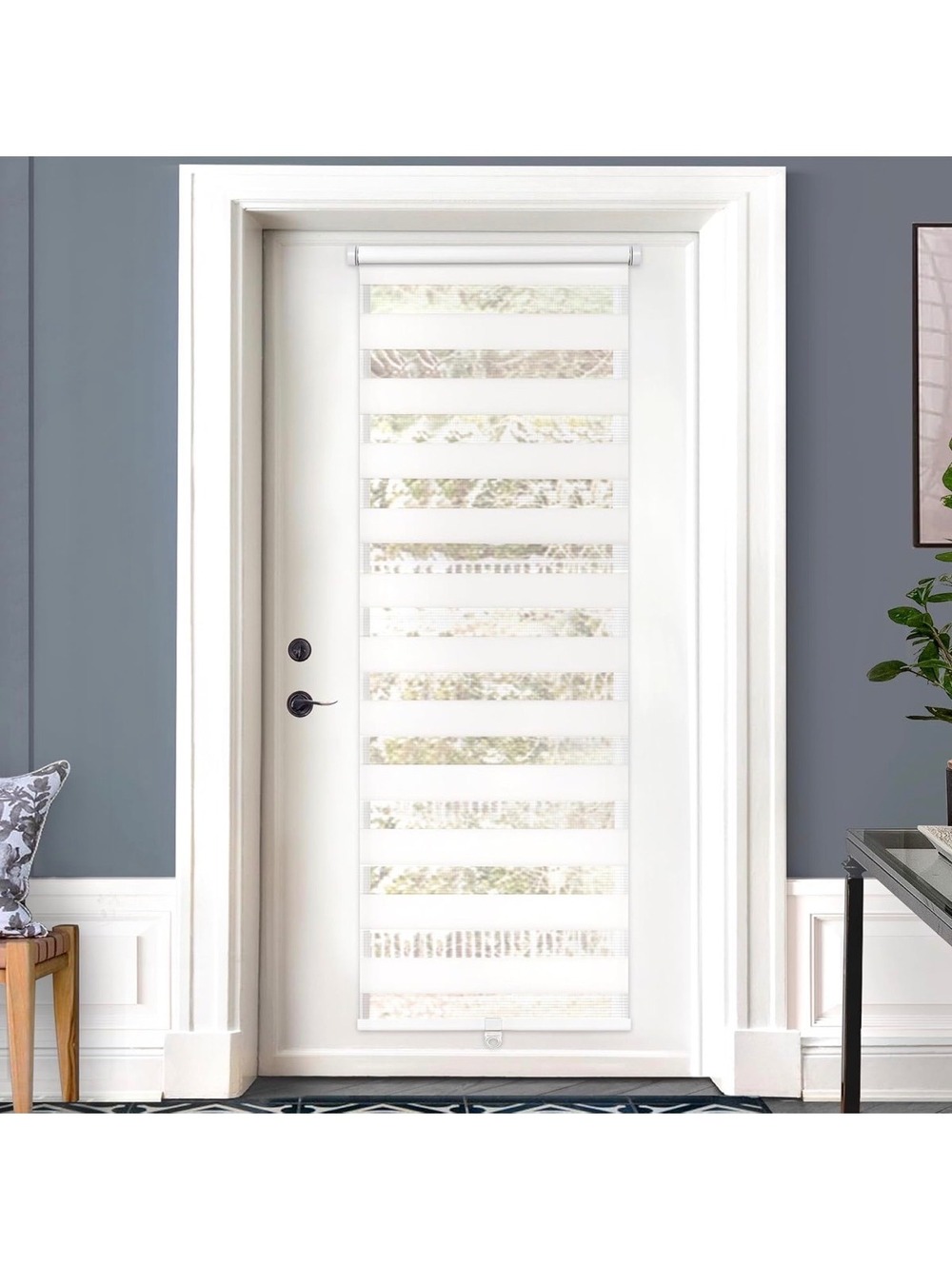 Cordless Zebra Roller Blinds for Door, 27.8"W x 78"H, White with Clear,